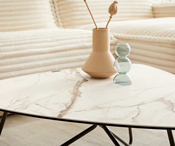 Coffee Table Ekrem 88x85cm Ceramic Calacatta Luxe Gold Haripin Frame Metal Titanium