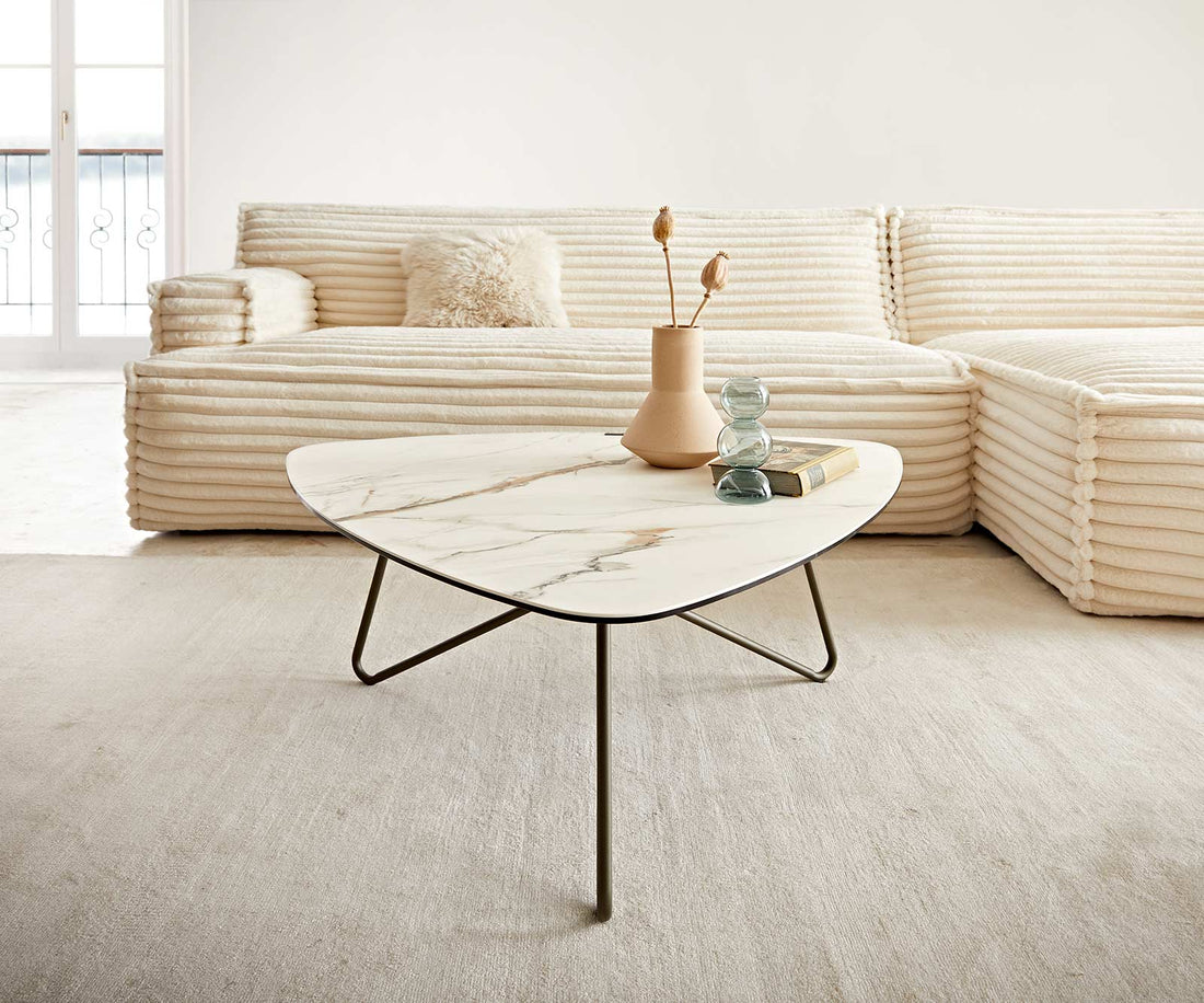 Coffee Table Ekrem 88x85cm Ceramic Calacatta Luxe Gold Haripin Frame Metal Titanium