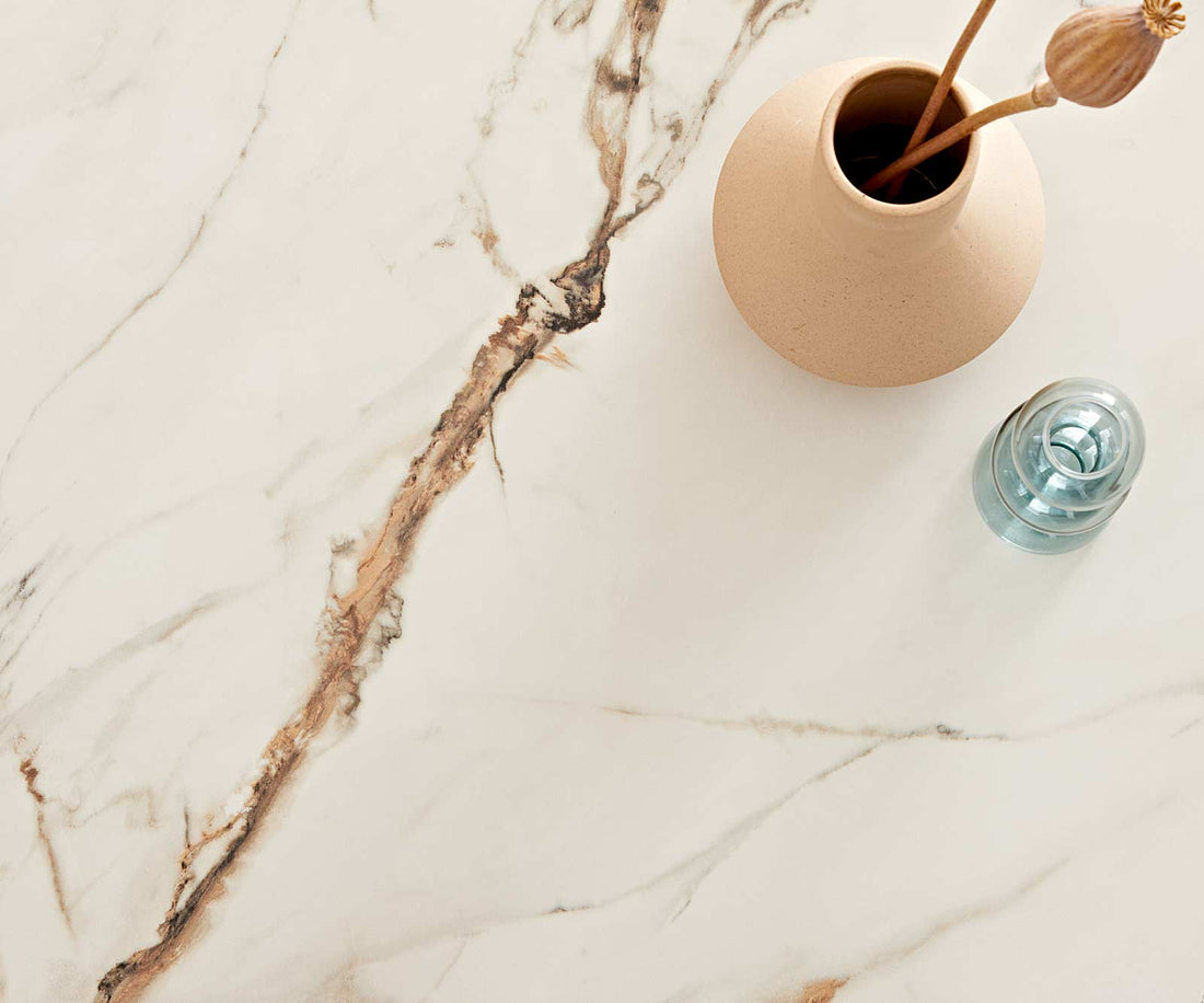 Coffee Table Ekrem 88x85cm Ceramic Calacatta Luxe Gold Haripin Frame Metal Titanium