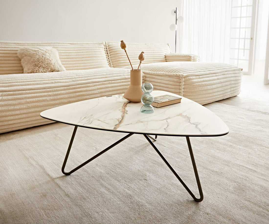 Coffee Table Ekrem 88x85cm Ceramic Calacatta Luxe Gold Haripin Frame Metal Titanium