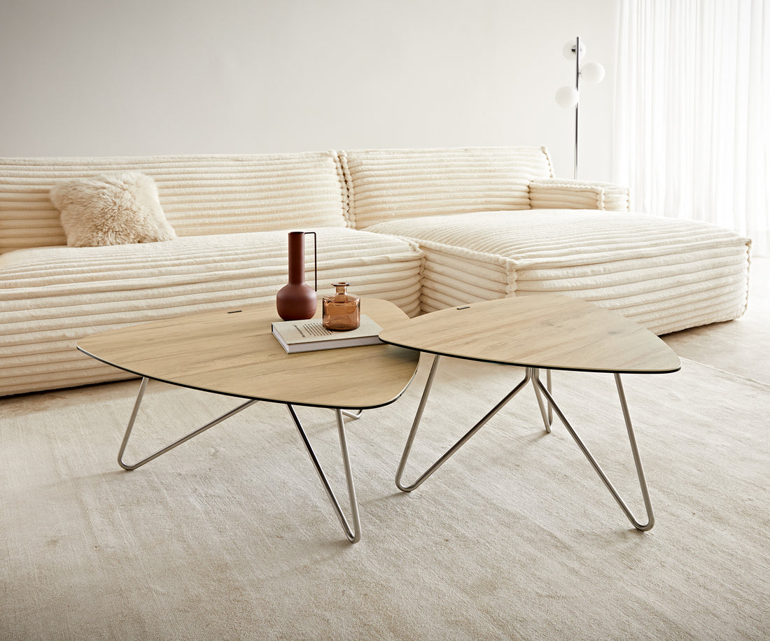 Coffee Table Ekrem 88x85cm Ceramic Sabbia Oak-Look Haripin Frame Metal Silver