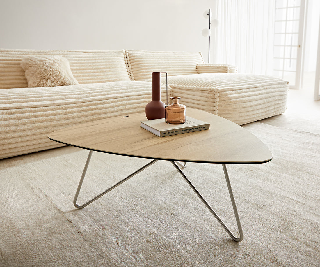 Coffee Table Ekrem 88x85cm Ceramic Sabbia Oak-Look Haripin Frame Metal Silver