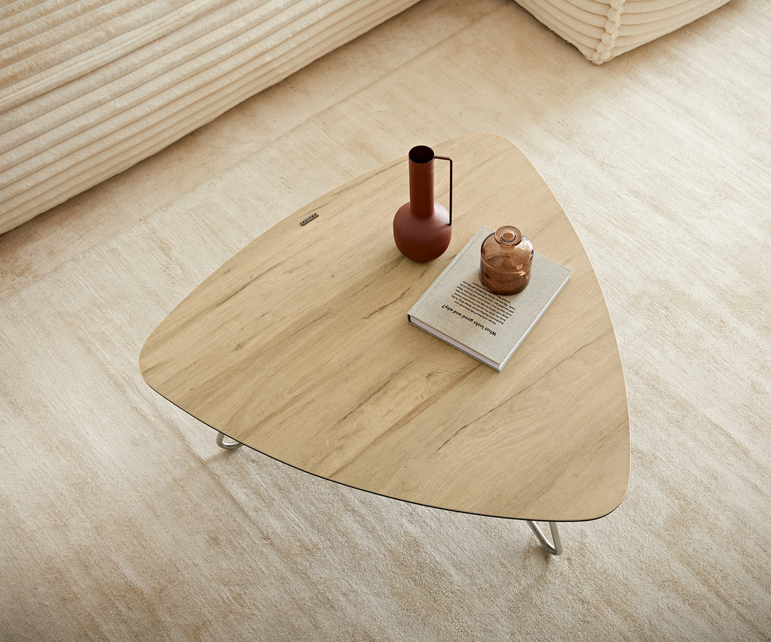 Coffee Table Ekrem 88x85cm Ceramic Sabbia Oak-Look Haripin Frame Metal Silver