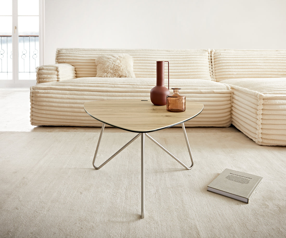 Coffee Table Ekrem 67x65cm Ceramic Sabbia Oak-Look Haripin Frame Metal Silver