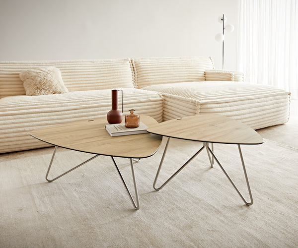 Coffee Table Ekrem 67x65cm Ceramic Sabbia Oak-Look Haripin Frame Metal Silver