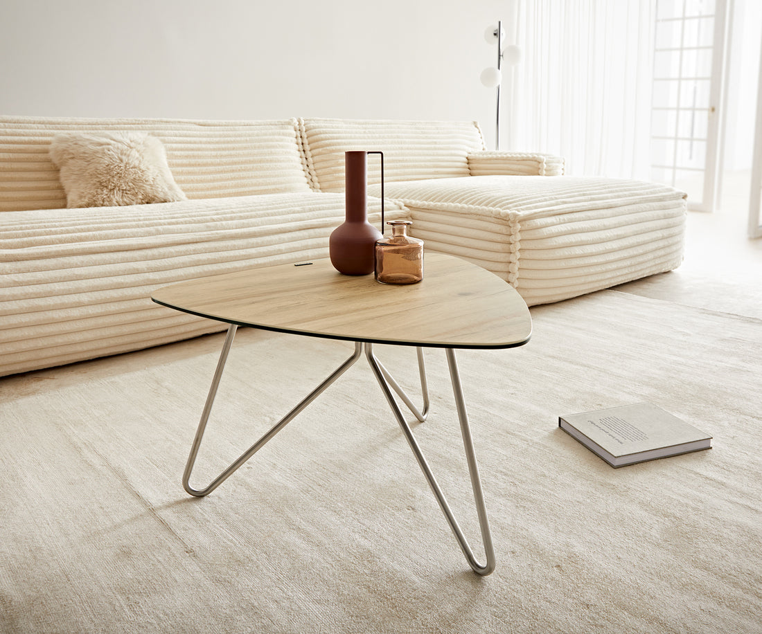 Coffee Table Ekrem 67x65cm Ceramic Sabbia Oak-Look Haripin Frame Metal Silver