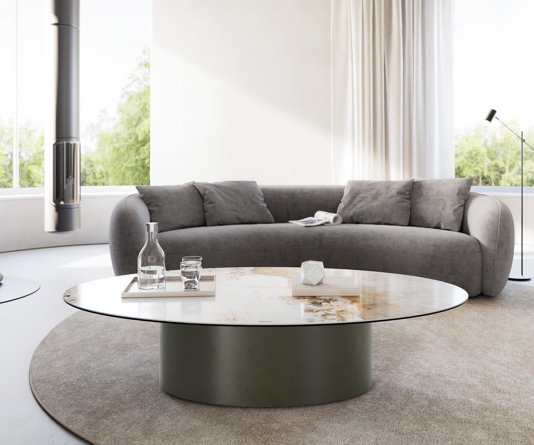 Coffee Table Aurora Oval 150x90cm Ceramic Minas Melange Beige Frame Titanium