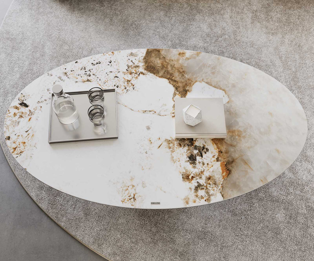 Coffee Table Aurora Oval 150x90cm Ceramic Minas Melange Beige Frame Titanium