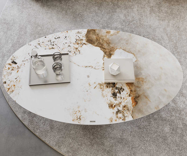 Coffee Table Aurora Oval 150x90cm Ceramic Minas Melange Beige Frame Titanium