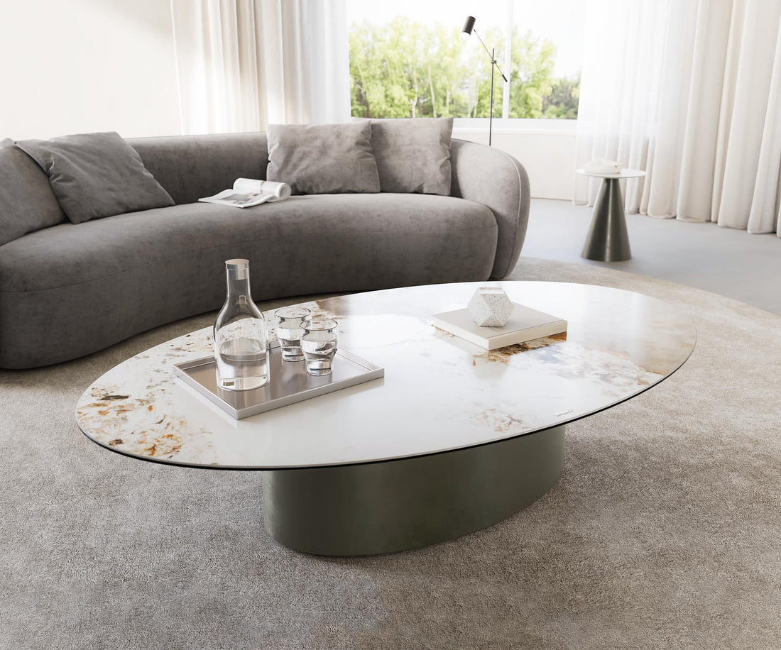 Coffee Table Aurora Oval 150x90cm Ceramic Minas Melange Beige Frame Titanium