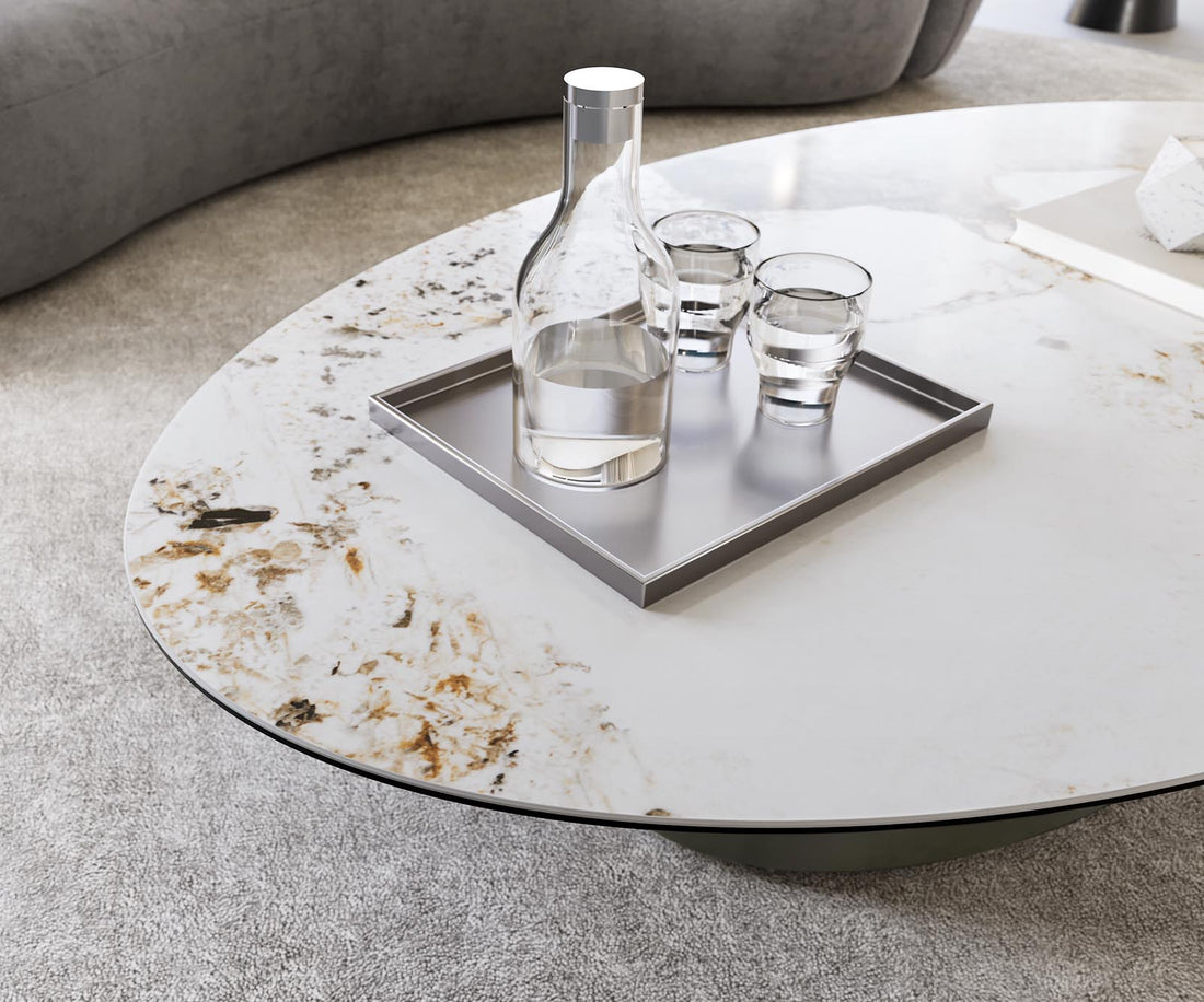 Coffee Table Aurora Oval 150x90cm Ceramic Minas Melange Beige Frame Titanium