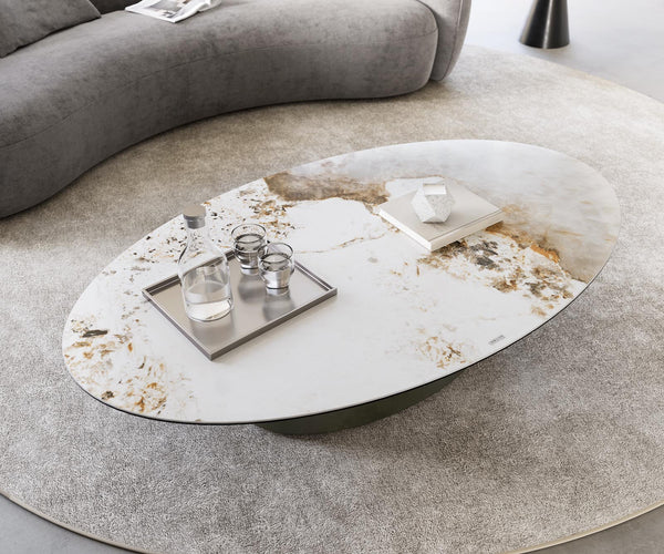 Coffee Table Aurora Oval 150x90cm Ceramic Minas Melange Beige Frame Titanium