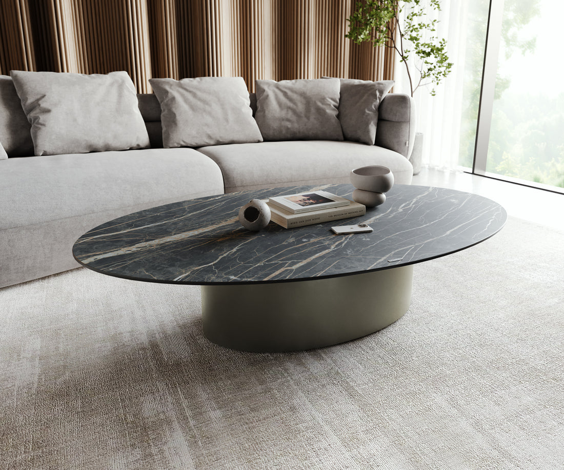 Coffee Table Aurora Oval 150x90cm Ceramic Noir Desir Brown Frame Titanium