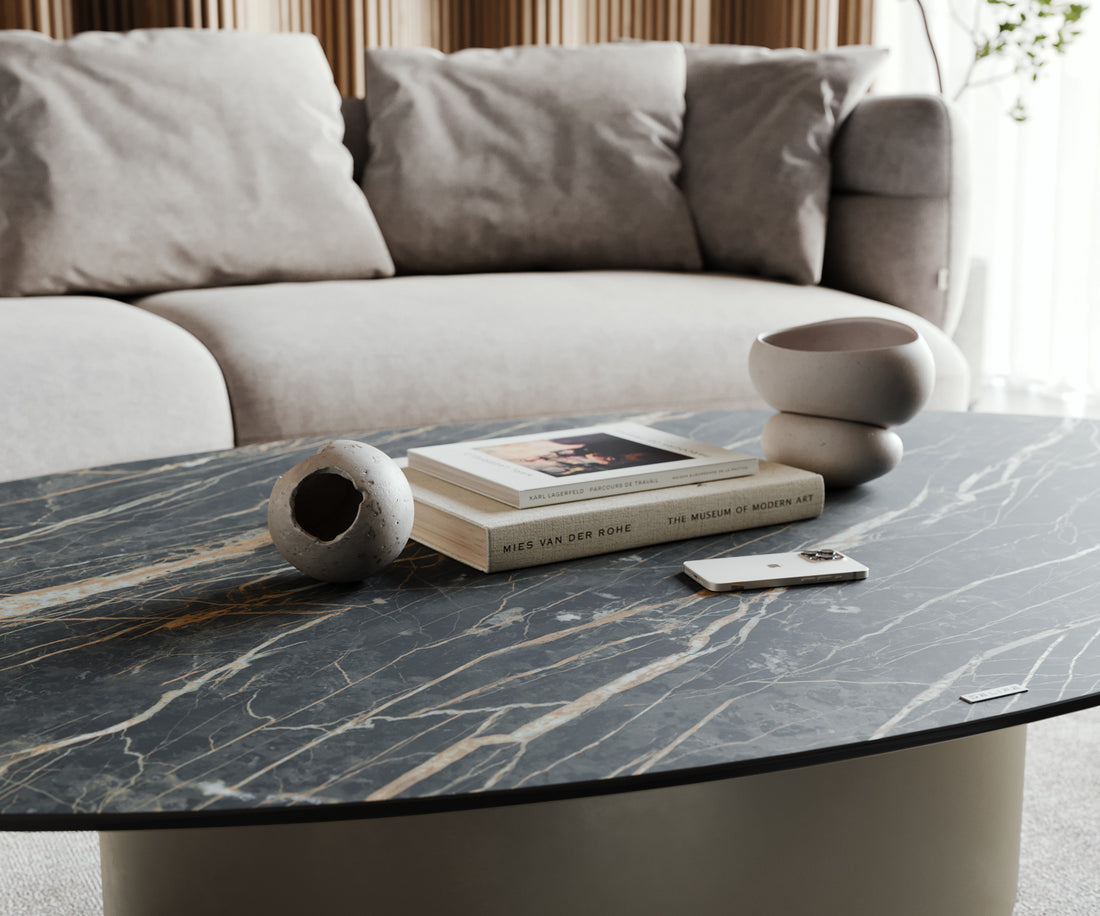 Coffee Table Aurora Oval 150x90cm Ceramic Noir Desir Brown Frame Titanium