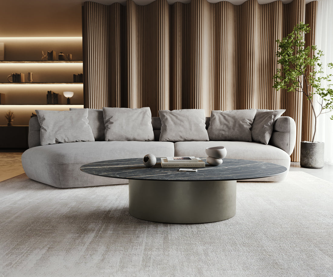 Coffee Table Aurora Oval 150x90cm Ceramic Noir Desir Brown Frame Titanium