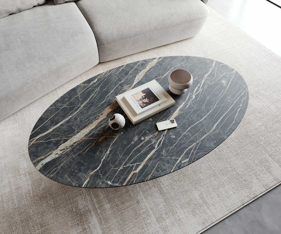 Coffee Table Aurora Oval 150x90cm Ceramic Noir Desir Brown Frame Titanium