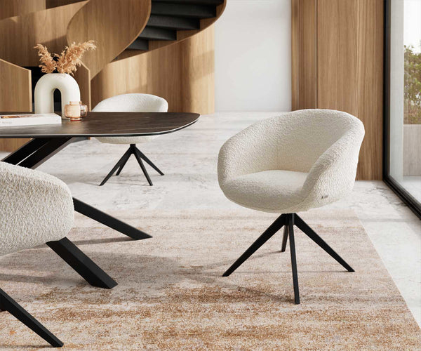 Dining Chair Vinka Bouclé White Cross Base 360° Swivel Black Pocket Springs