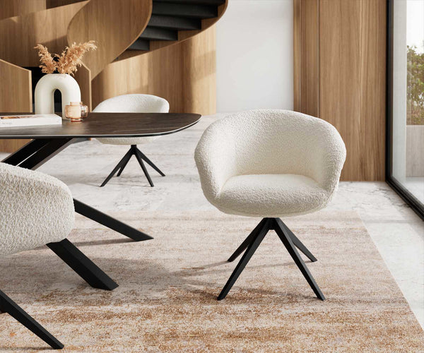 Dining Chair Vinka Bouclé White Cross Base 360° Swivel Black Pocket Springs