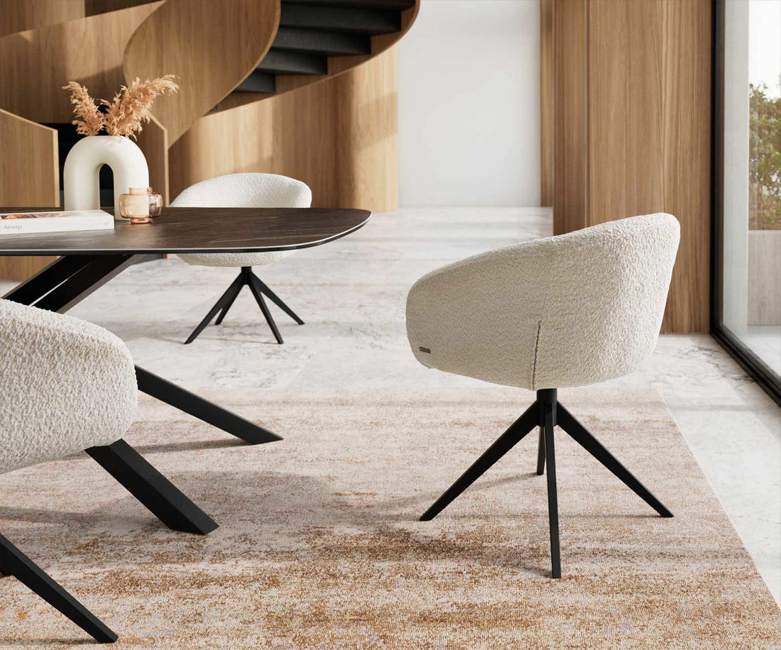 Dining Chair Vinka Bouclé White Cross Base 360° Swivel Black Pocket Springs