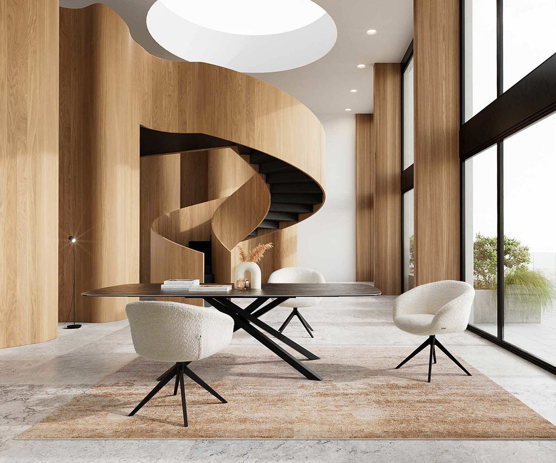 Dining Chair Vinka Bouclé White Cross Base 360° Swivel Black Pocket Springs