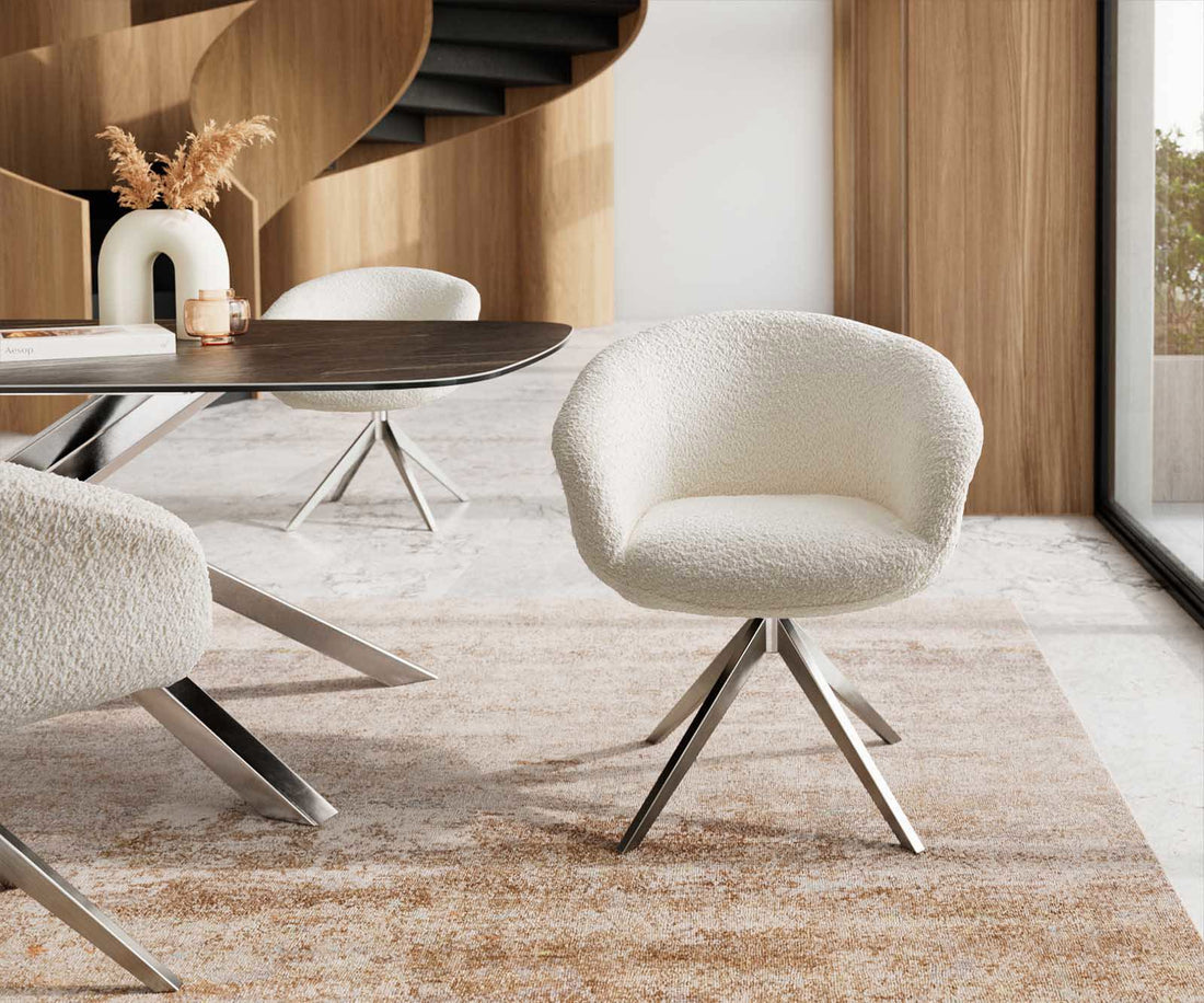 Dining Chair Vinka Bouclé White Cross Base 360° Swivel Silver Pocket Springs