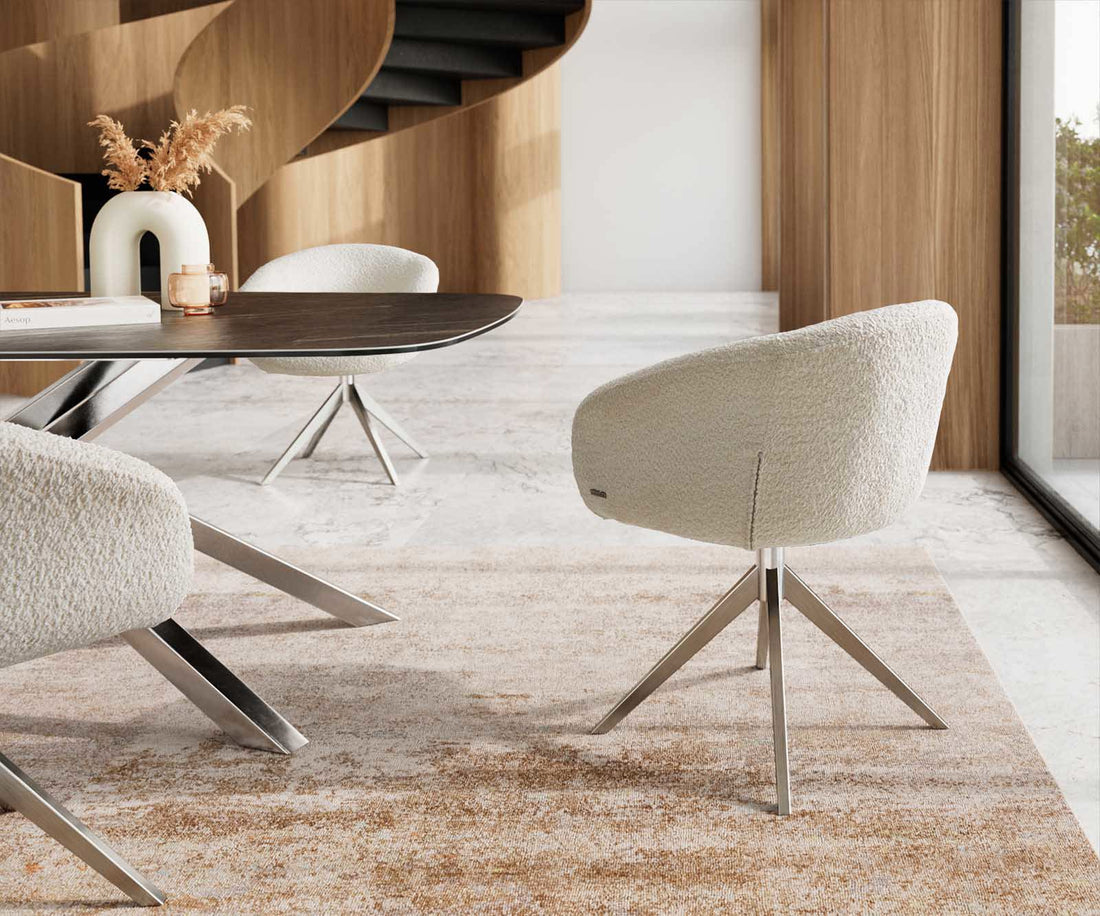 Dining Chair Vinka Bouclé White Cross Base 360° Swivel Silver Pocket Springs