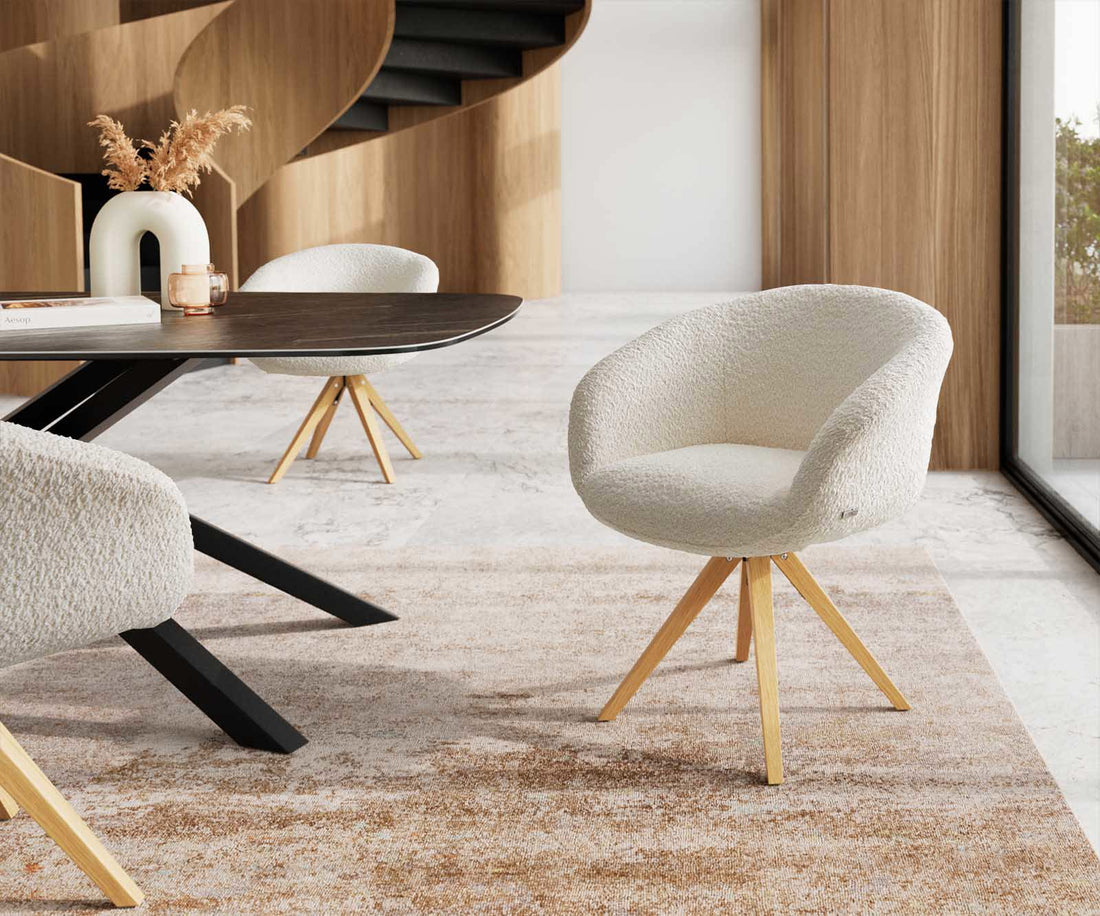 Dining Chair Vinka Bouclé White Cross Angular Base Wooden 180° Swivel Pocket Springs