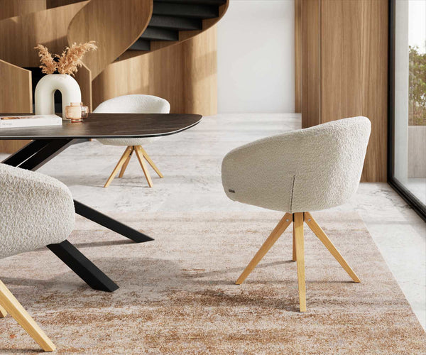 Dining Chair Vinka Bouclé White Cross Angular Base Wooden 180° Swivel Pocket Springs
