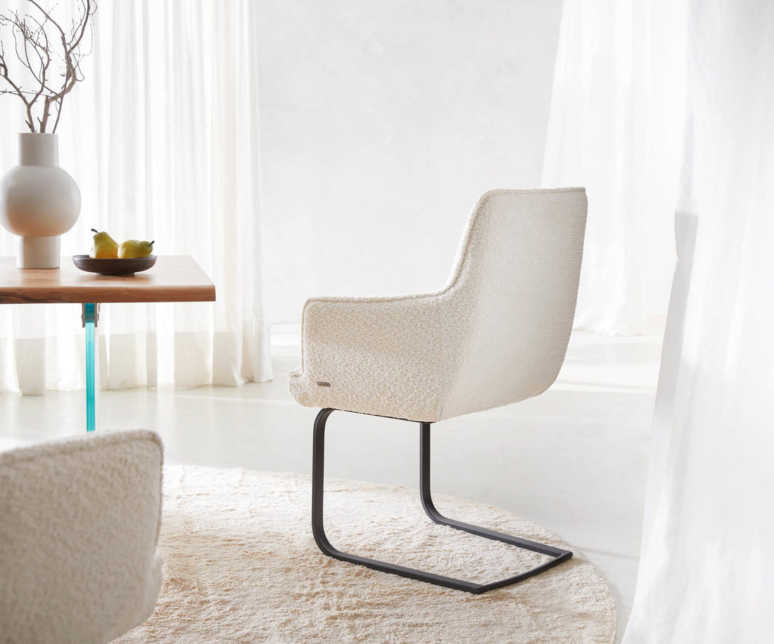 Dining Chair Heira Bouclé White Cantilever Flat Base Black Pocket Springs