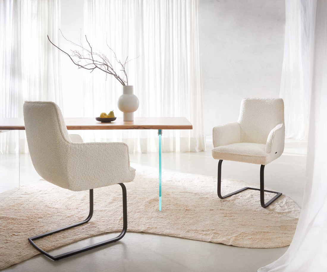 Dining Chair Heira Bouclé White Cantilever Flat Base Black Pocket Springs