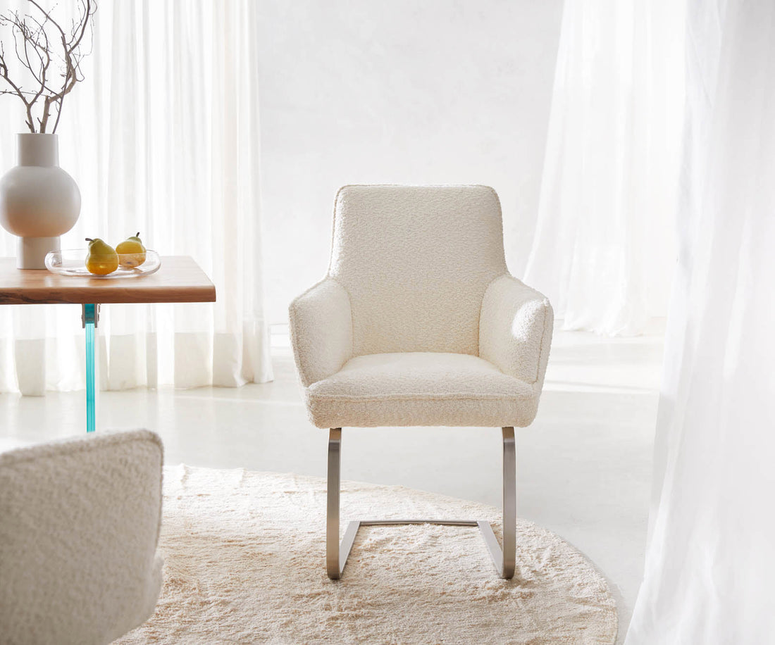 Dining Chair Heira Bouclé White Cantilever Flat Base Silver Pocket Springs