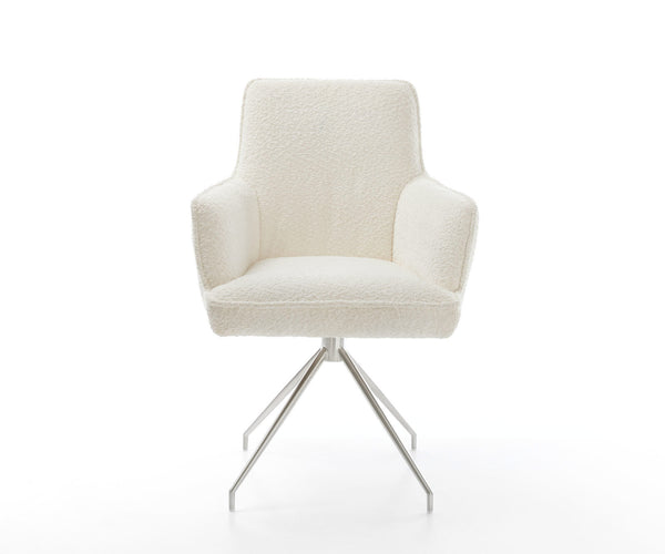Dining Chair Heira Bouclé White Cross Conical Base Silver 180° Swivel Pocket Springs
