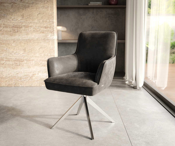 Dining Chair Heira Microfiber Anthracite Vintage Cross Base 360° Swivel Silver Pocket Springs