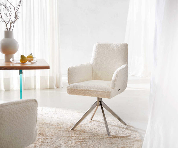 Dining Chair Heira Bouclé White Cross Base 360° Swivel Silver Pocket Springs