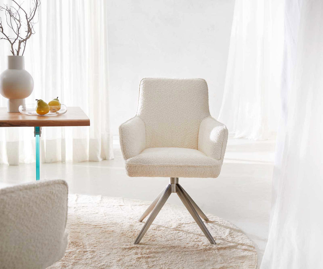 Dining Chair Heira Bouclé White Cross Base 360° Swivel Silver Pocket Springs
