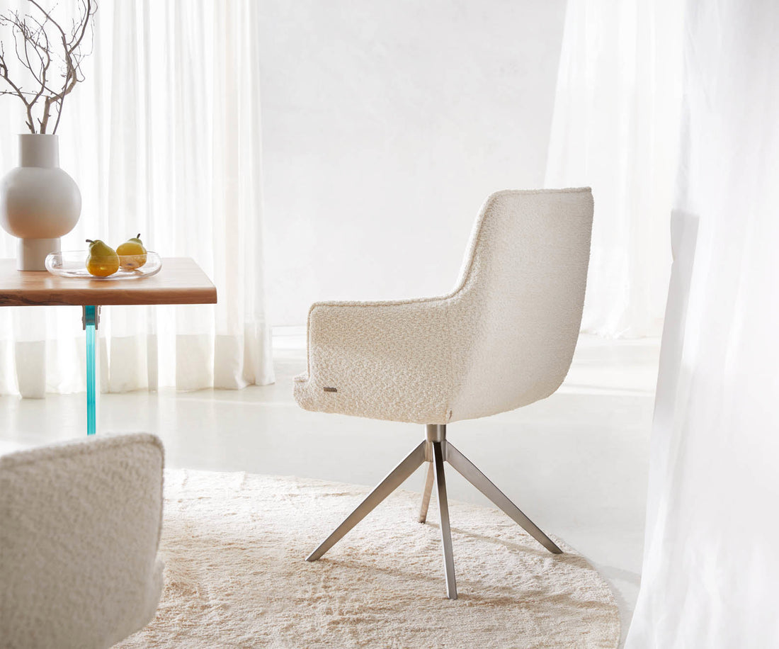 Dining Chair Heira Bouclé White Cross Base 360° Swivel Silver Pocket Springs