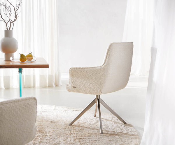Dining Chair Heira Bouclé White Cross Base 360° Swivel Silver Pocket Springs