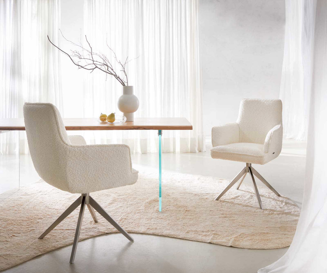 Dining Chair Heira Bouclé White Cross Base 360° Swivel Silver Pocket Springs