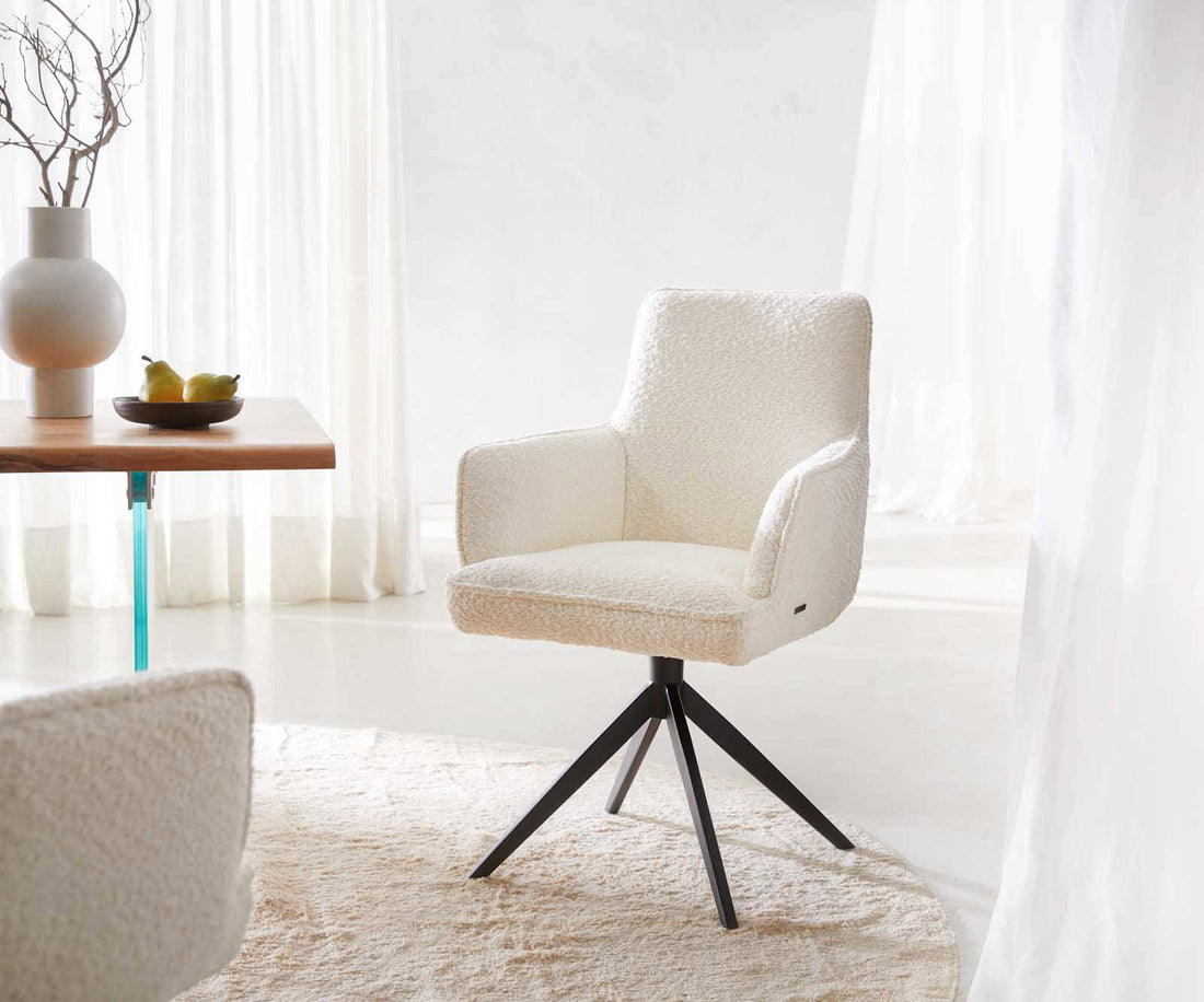 Dining Chair Heira Bouclé White Cross Base 360° Swivel Black Pocket Springs
