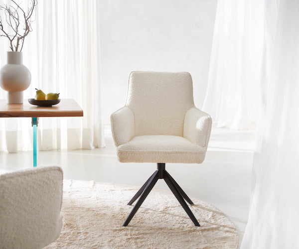Dining Chair Heira Bouclé White Cross Base 360° Swivel Black Pocket Springs