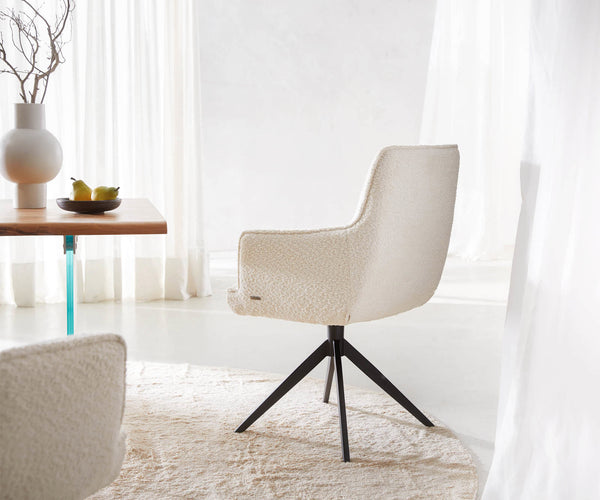Dining Chair Heira Bouclé White Cross Base 360° Swivel Black Pocket Springs