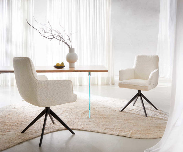 Dining Chair Heira Bouclé White Cross Base 360° Swivel Black Pocket Springs