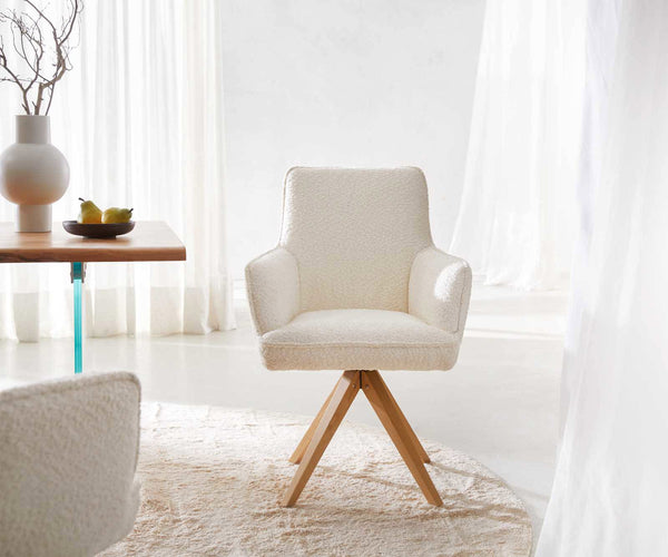 Dining Chair Heira Bouclé White Cross Angular Base Wooden 180° Swivel Pocket Springs