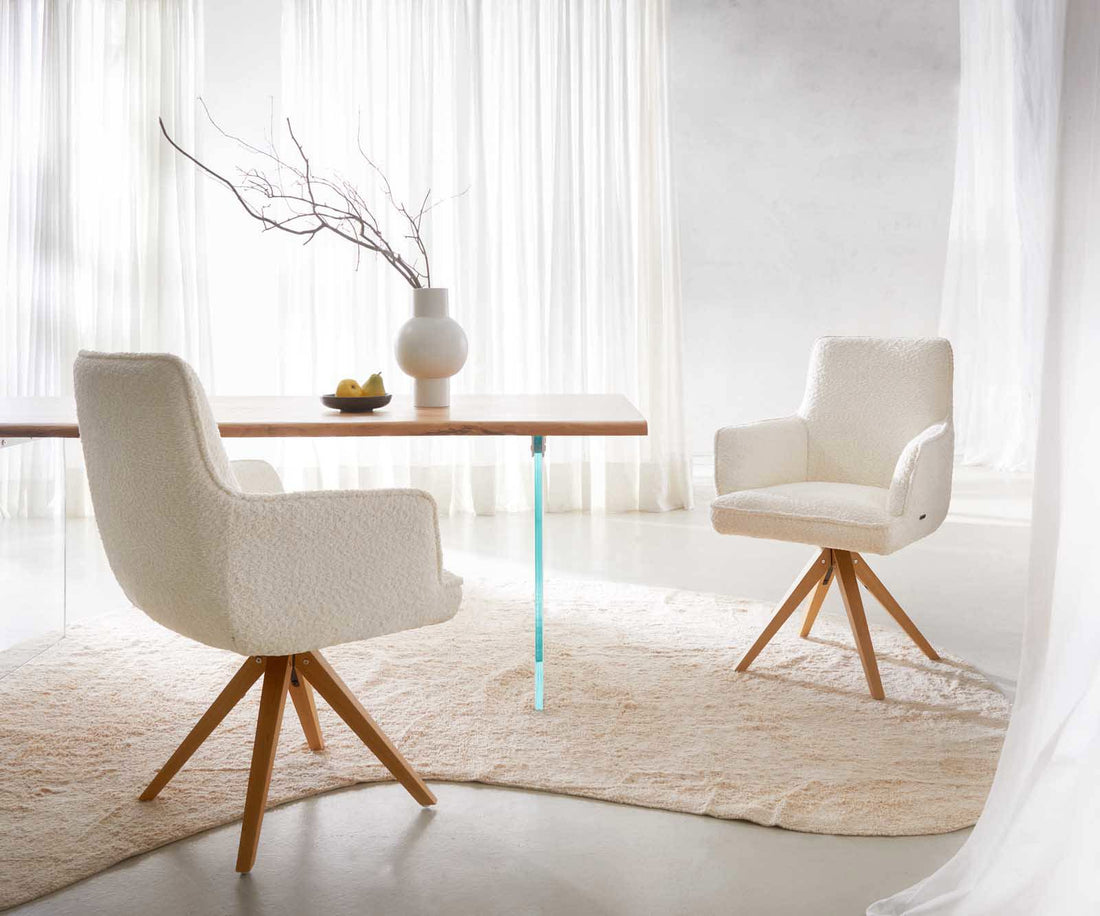 Dining Chair Heira Bouclé White Cross Angular Base Wooden 180° Swivel Pocket Springs