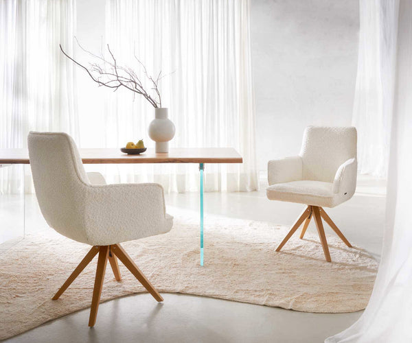 Dining Chair Heira Bouclé White Cross Angular Base Wooden 180° Swivel Pocket Springs