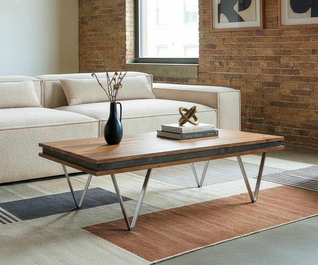 Coffee Table Stonegrace 117x60cm Acacia Natural Metal Feet Silver Natural Slate