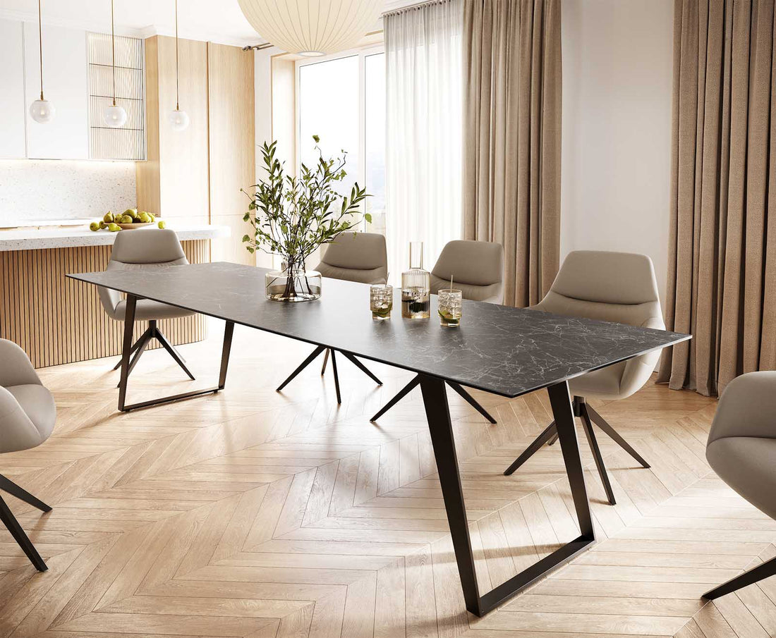 Dining Table Aurora 300cm Ceramic Nero Greco Anthracite Slanted Frame Black