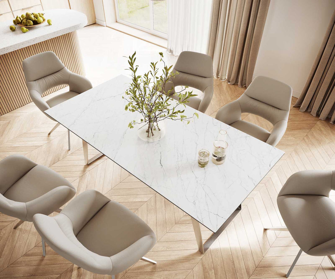 Dining Table Aurora 200cm Ceramic Statuarietto White Slanted Frame Steel