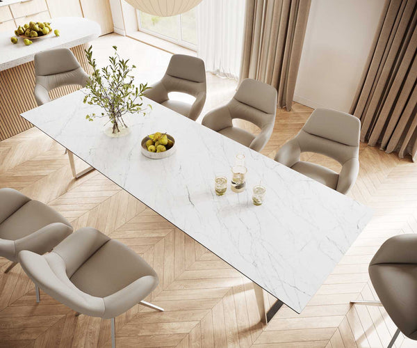 Dining Table Aurora 300cm Ceramic Statuarietto White Slanted Frame Steel