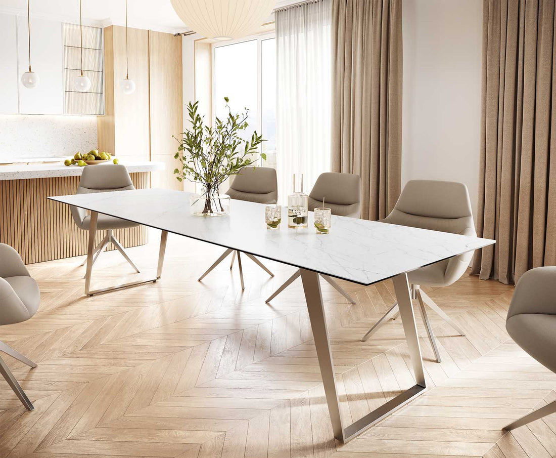 Dining Table Aurora 300cm Ceramic Statuarietto White Slanted Frame Steel